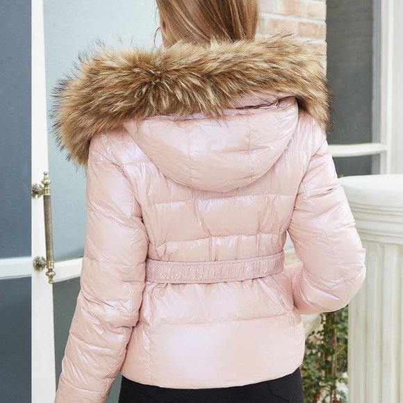 Baby Pink Casual Womens Fuzzy Trim Hooded Belted Puffer Coat - Picture 2 of 5